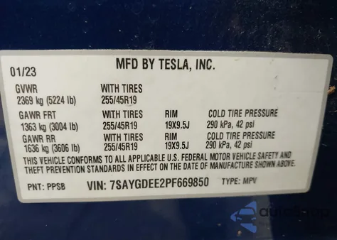 2023 Tesla Model Y Awd/Long Range Dual Motor All-Wheel Drive из США, поврежденный, VIN 7SAYGDEE2PF669850